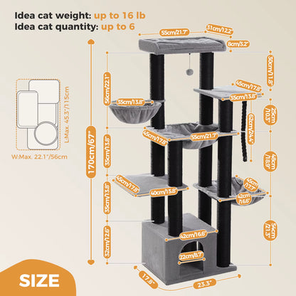Large Cat Tree for Big Cats Robust Cat Tower with Several Levels Cat House Climbing Tree with Hammock 11 Sisal Posts Large Perch