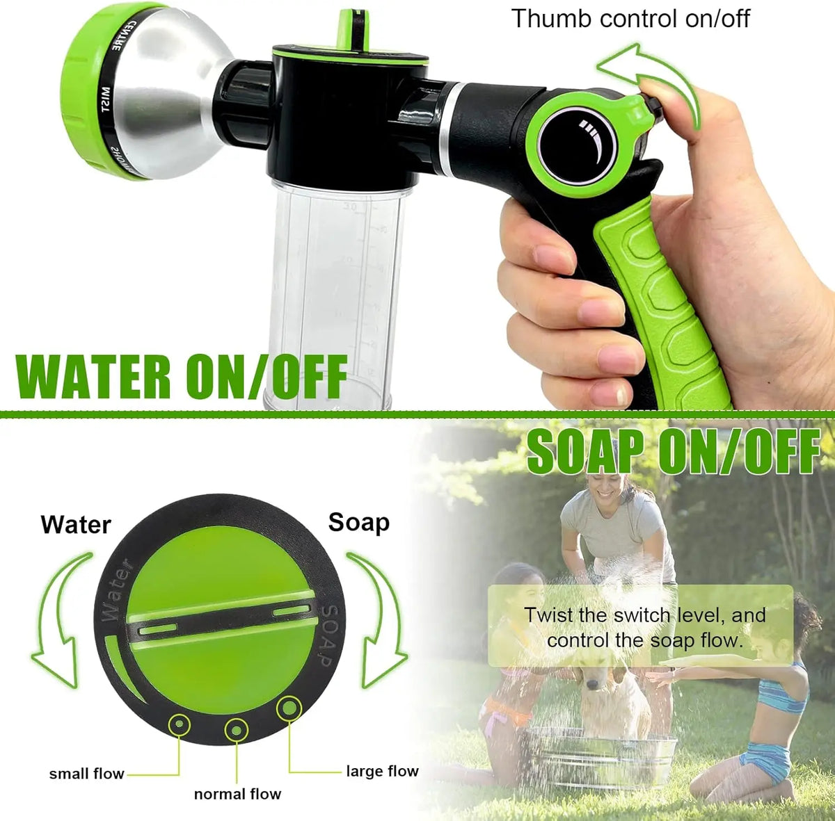 Dog Washing Hose Attachment, 8-In-1 Sprayer Mode Garden Hose Nozzle with Pet Bathing Brush and 100Cc Soap Dispenser Bottle, Adopted in Watering Flowers, Car Wash, Dog and Horse Showering (Green)