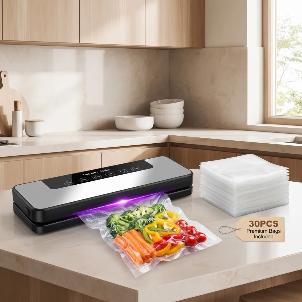 Vacuum Sealer Machine US Plug 110V Automatic Vacuum Sealing Machine with Purple Light Sterilization Dry Wet Oil Powder Food Sealer 30Cm Sealing Width with External Pump Tube Comes with 30Pcs 20X30Cm Textured Bags for Food Preservation