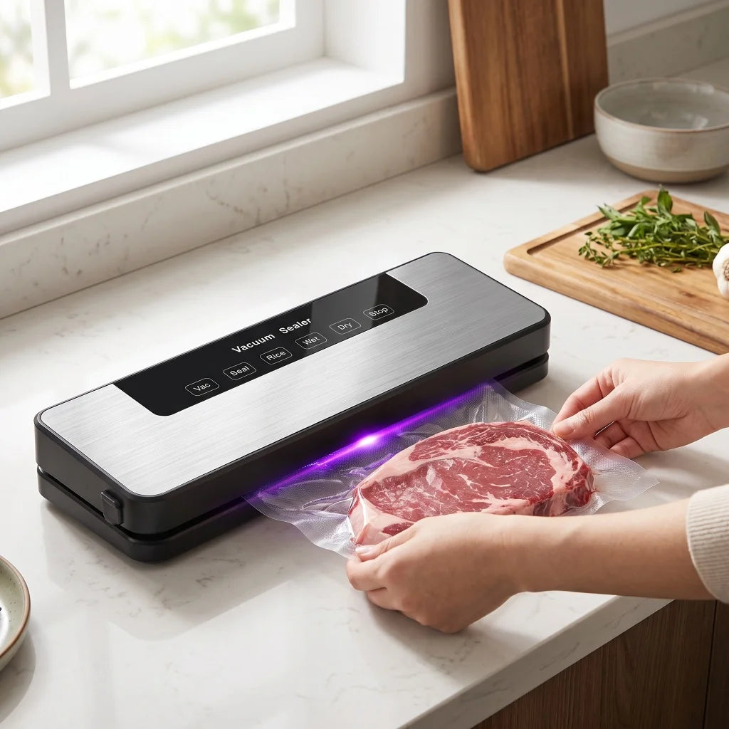 Vacuum Sealer Machine US Plug 110V Automatic Vacuum Sealing Machine with Purple Light Sterilization Dry Wet Oil Powder Food Sealer 30Cm Sealing Width with External Pump Tube Comes with 30Pcs 20X30Cm Textured Bags for Food Preservation