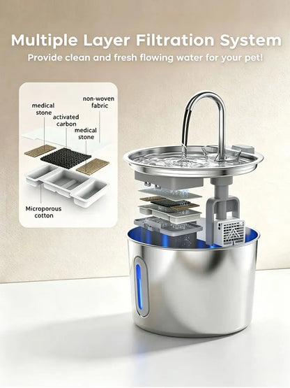 Stainless Steel Cat Water Fountain - 2.2L/74Oz Cat Drinking Fountain Quiet Cat Fountain for Indoor Cats and Small Dogs, Automatic Pet Water Dispenser Keeps Fresh Water