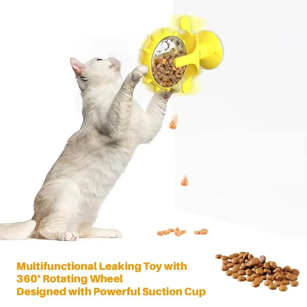 2-In-1 Cat & Small Dog Windmill Toy, Interactive Slow Feeder Turntable with Strong Suction Cup, Puzzle Treat Dispenser for IQ Tr