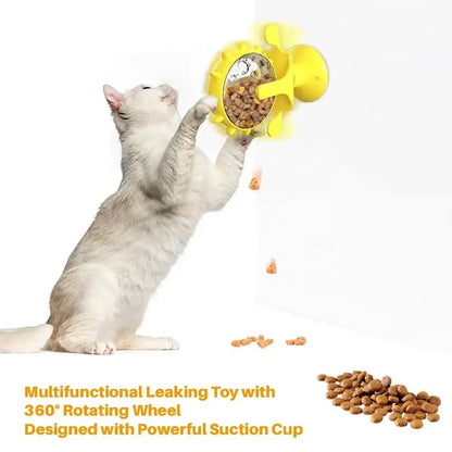 2-In-1 Cat & Small Dog Windmill Toy, Interactive Slow Feeder Turntable with Strong Suction Cup, Puzzle Treat Dispenser for IQ Tr