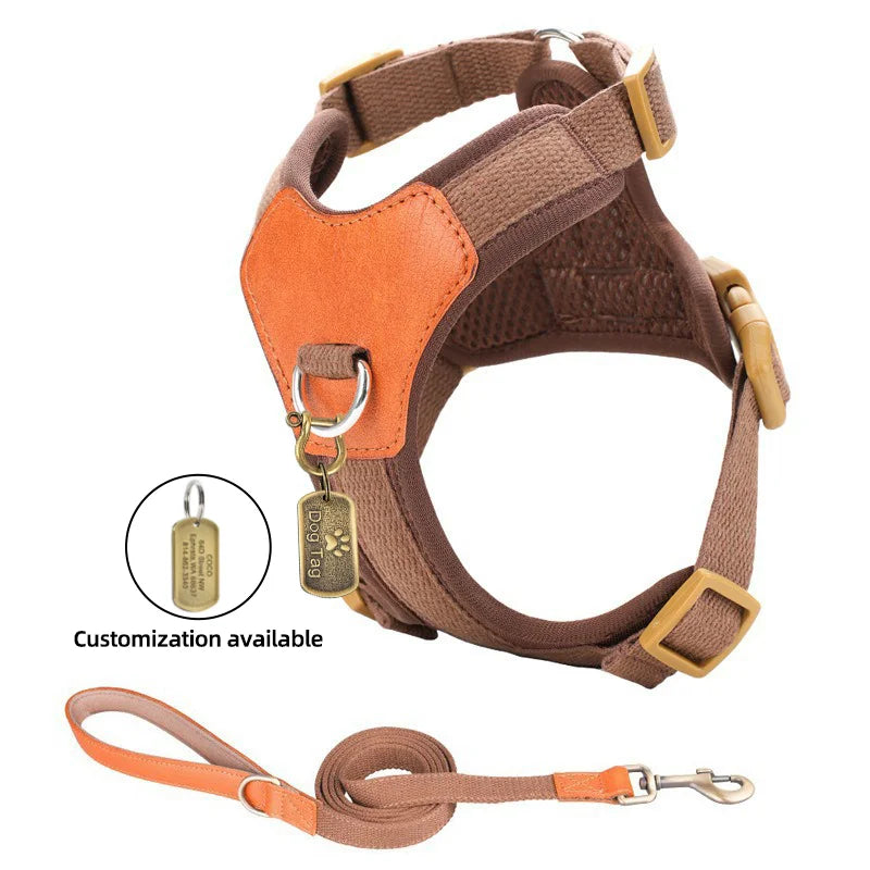 Dog Harness Custom Dog Name Tag Proof Genuine Leather Dog Harness Leash Small Medium Large Breeds Outdoor Walking