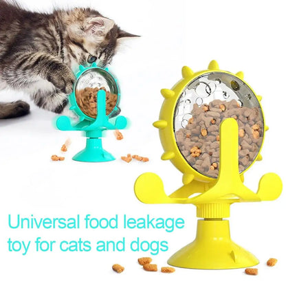 2-In-1 Cat & Small Dog Windmill Toy, Interactive Slow Feeder Turntable with Strong Suction Cup, Puzzle Treat Dispenser for IQ Tr