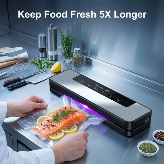 Automatic Vacuum Sealer Machine with Purple Light Sterilization, 110V US Plug, 30Cm Sealing Width, Includes External Pump Tube and 30 Textured Bags for Food Preservation